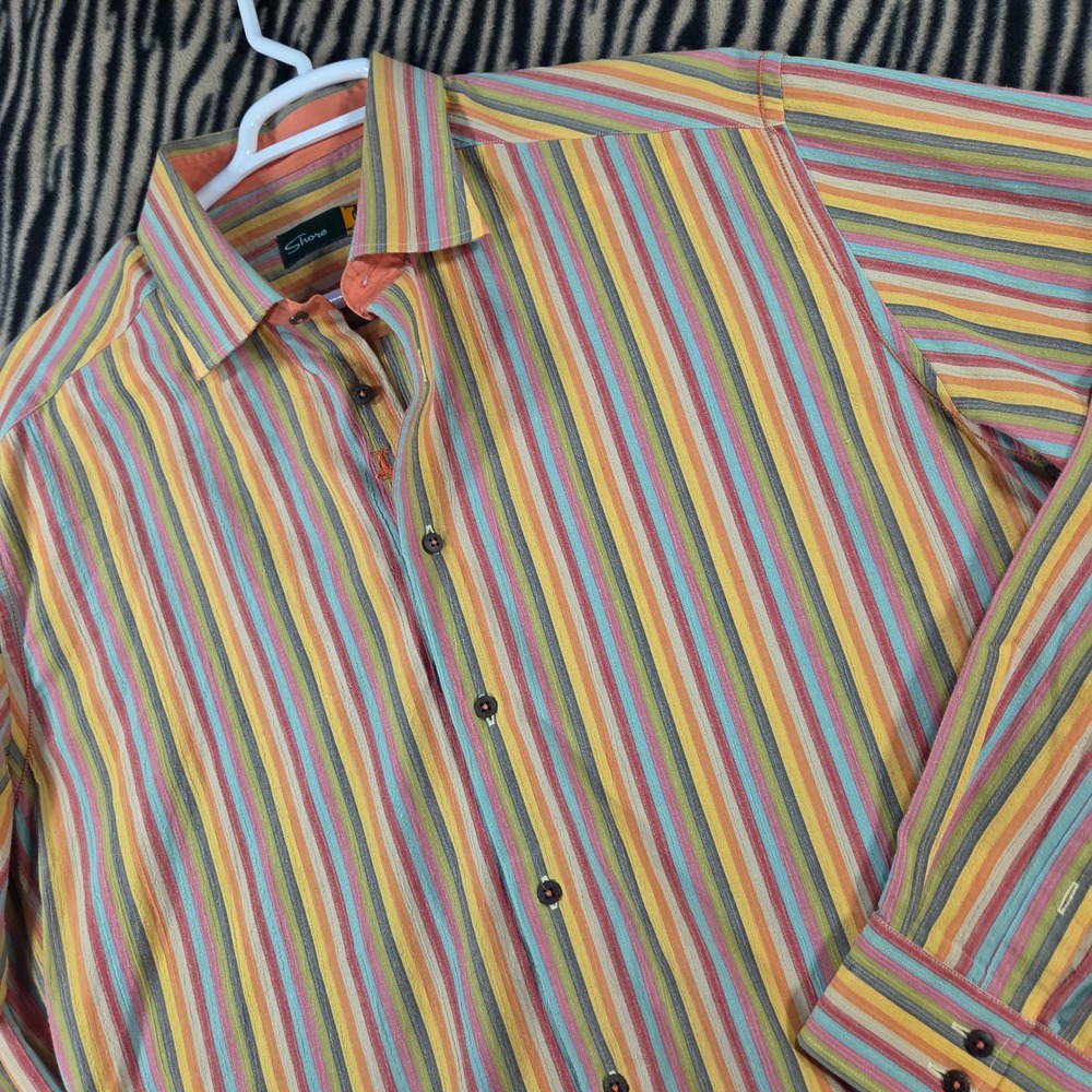 Shore Mens XL Button Up Shirt Pastel Vertical Stripe 100% Cotton Resort Beach